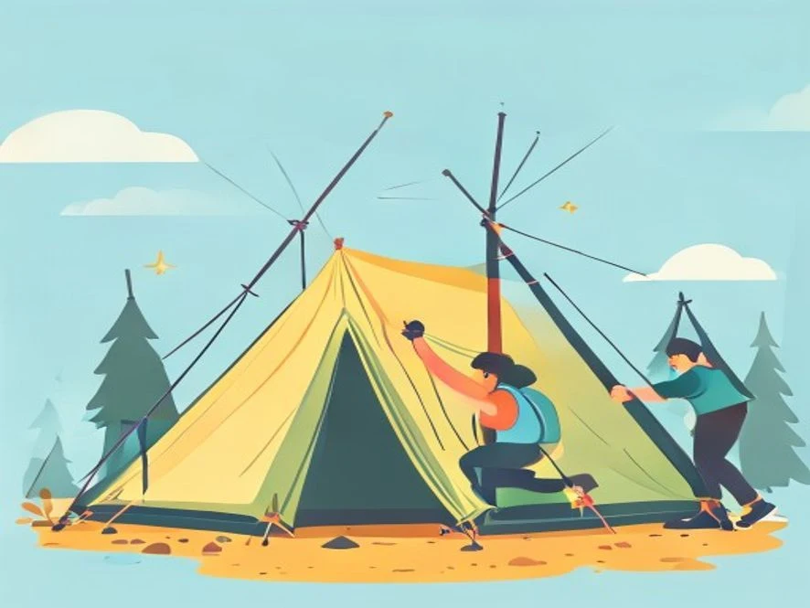 Çadır direklerinin kanallardan geçirilip çadırın kaldırıldığını gösteren resimli adım