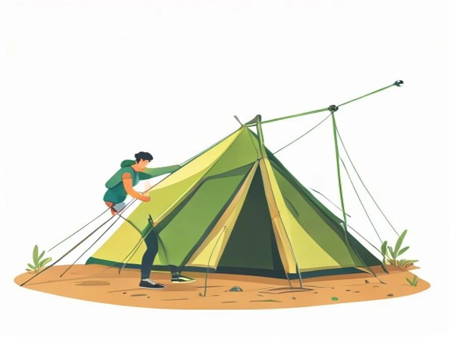 Çadır kazıklarının çakılması ve gergi iplerinin gerilmesini gösteren resimli adım